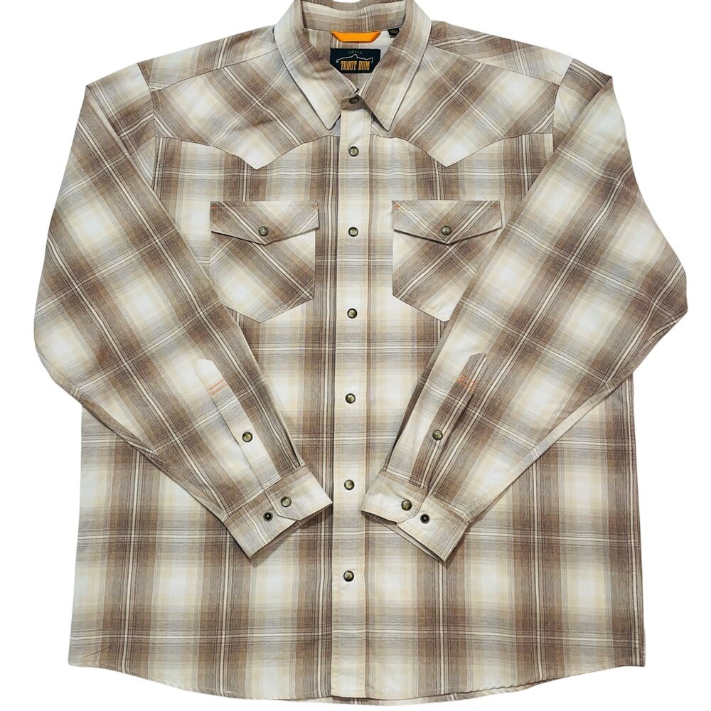 Orvis Trout Bum Mens‎ XL Western Pearl Snap Shirt Plaid Long Sleeve Brown Cream